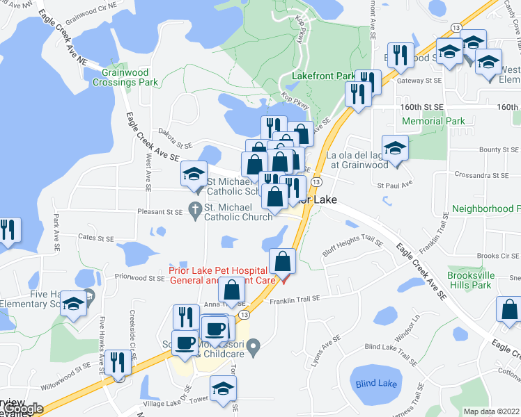 map of restaurants, bars, coffee shops, grocery stores, and more near 4656 Pleasant Street Southeast in Prior Lake