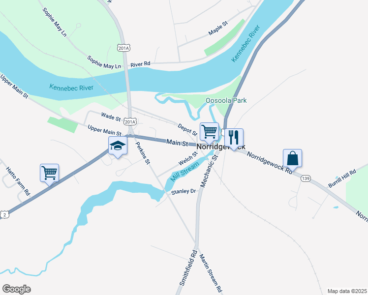 map of restaurants, bars, coffee shops, grocery stores, and more near 50 Main Street in Norridgewock
