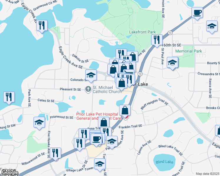 map of restaurants, bars, coffee shops, grocery stores, and more near 4635 Colorado Street Southeast in Prior Lake