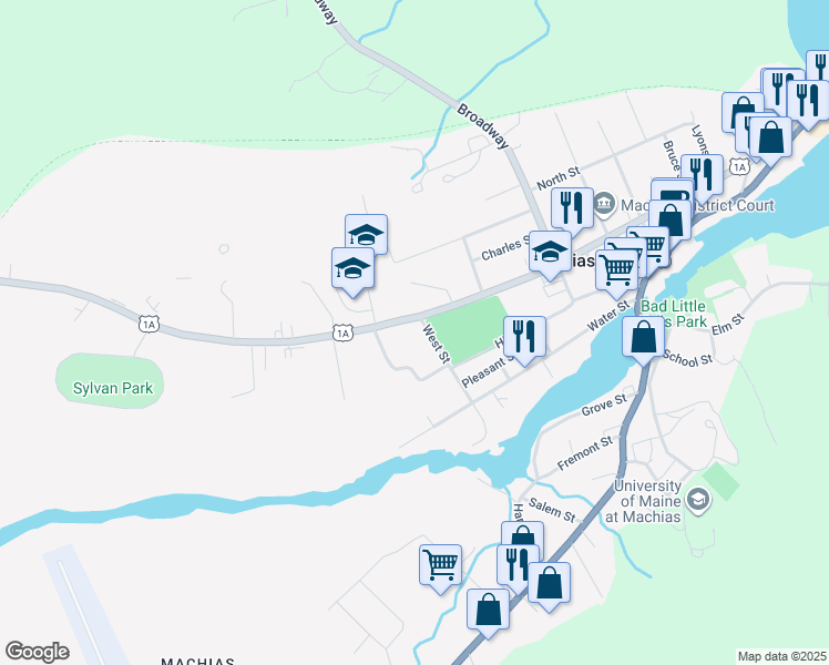 map of restaurants, bars, coffee shops, grocery stores, and more near 55 West Street in Machias