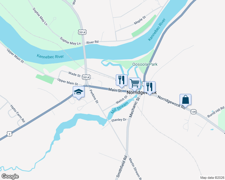 map of restaurants, bars, coffee shops, grocery stores, and more near 41 Main Street in Norridgewock