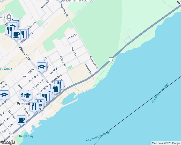 map of restaurants, bars, coffee shops, grocery stores, and more near 238 Russel Street in Prescott