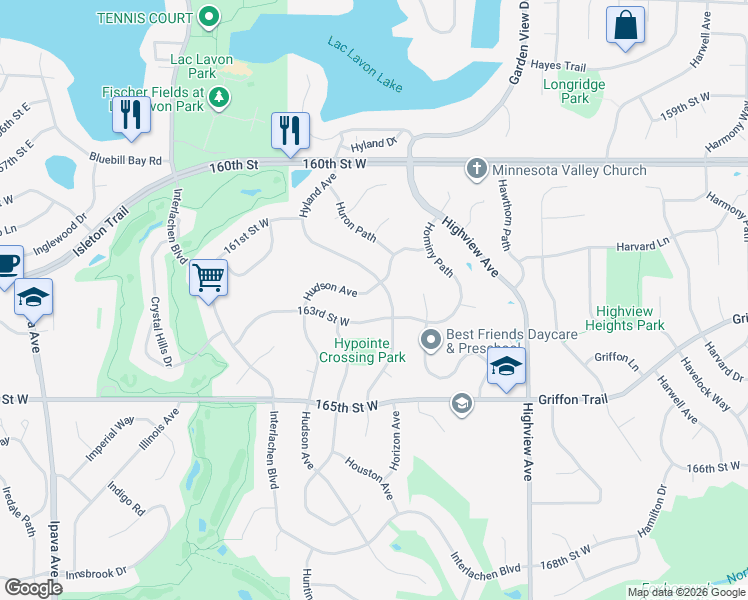 map of restaurants, bars, coffee shops, grocery stores, and more near 16260 Hudson Avenue in Lakeville