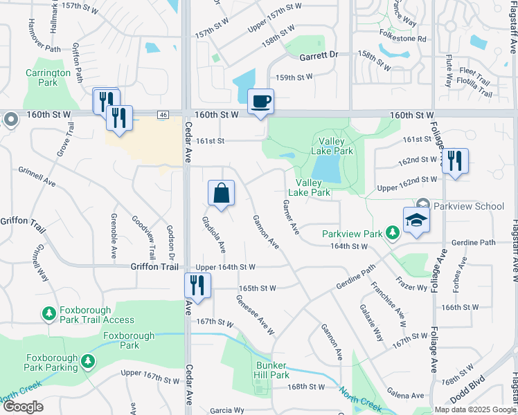 map of restaurants, bars, coffee shops, grocery stores, and more near 16318 Gannon Avenue West in Rosemount
