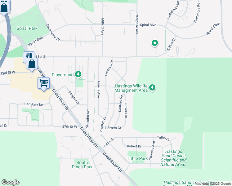 map of restaurants, bars, coffee shops, grocery stores, and more near 76 Meggan Drive in Hastings