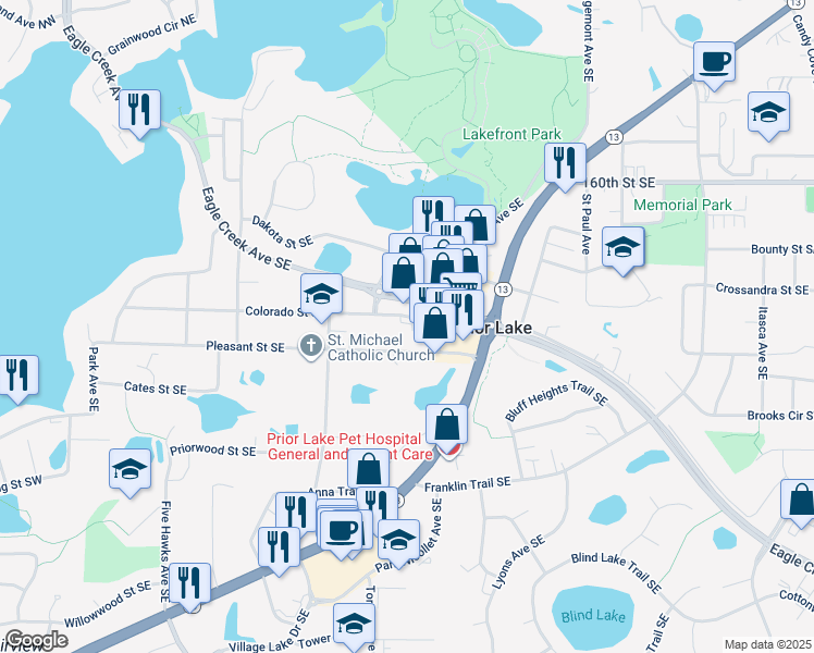 map of restaurants, bars, coffee shops, grocery stores, and more near 4635 Colorado Street Southeast in Prior Lake