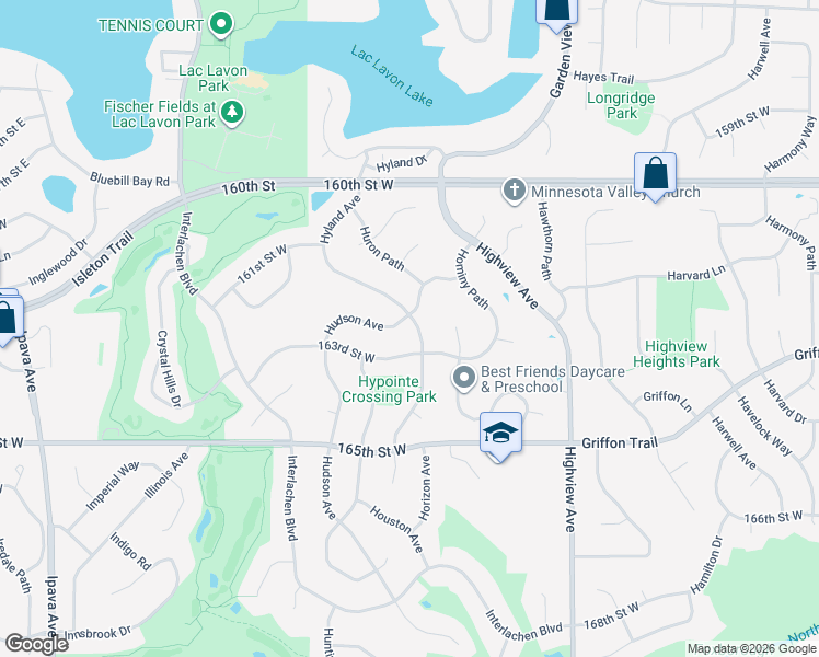 map of restaurants, bars, coffee shops, grocery stores, and more near 16260 Hudson Avenue in Lakeville