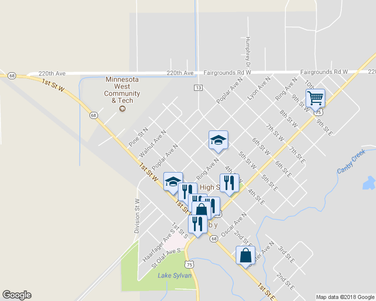 map of restaurants, bars, coffee shops, grocery stores, and more near 405 3rd Street West in Canby