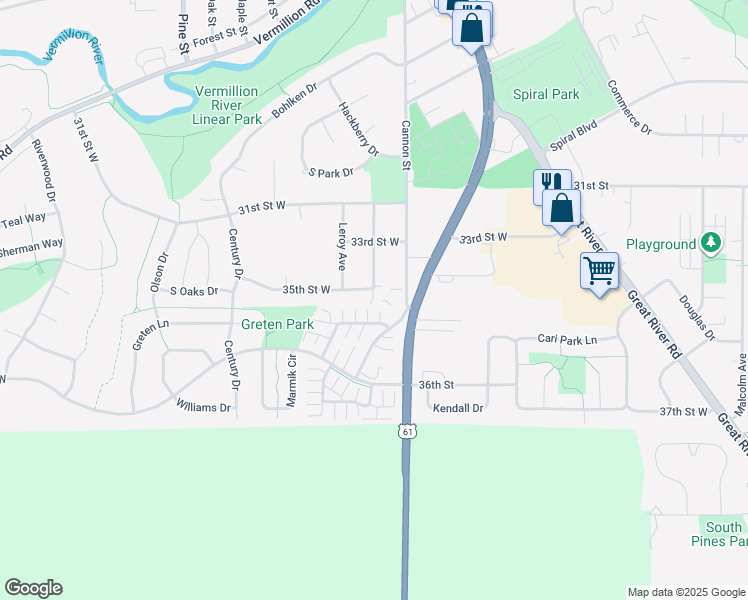 map of restaurants, bars, coffee shops, grocery stores, and more near 535 35th Street West in Hastings