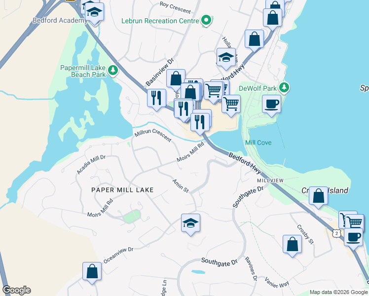 map of restaurants, bars, coffee shops, grocery stores, and more near 41 Moirs Mill Road in Bedford