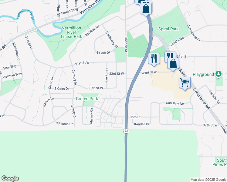 map of restaurants, bars, coffee shops, grocery stores, and more near 535 35th Street West in Hastings