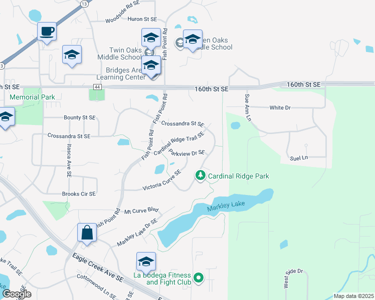 map of restaurants, bars, coffee shops, grocery stores, and more near 16283 Parkview Drive Southeast in Prior Lake
