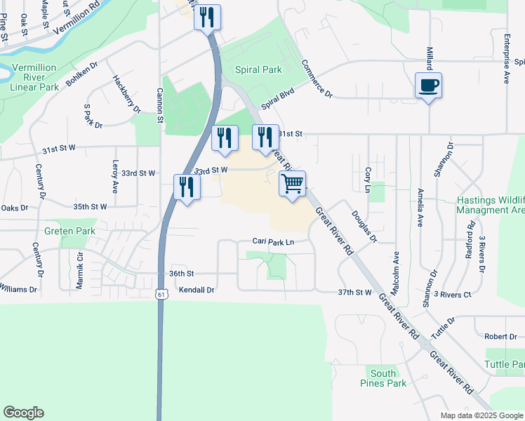map of restaurants, bars, coffee shops, grocery stores, and more near 275 33rd Street West in Hastings