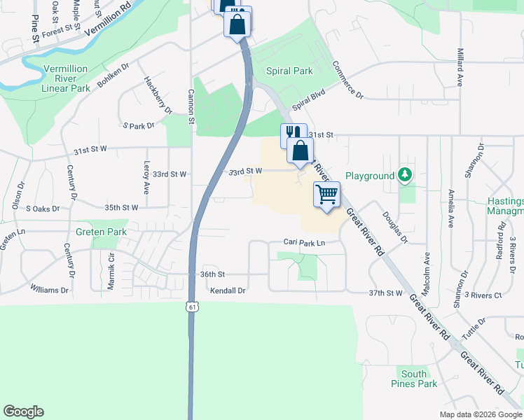 map of restaurants, bars, coffee shops, grocery stores, and more near 275 33rd Street West in Hastings