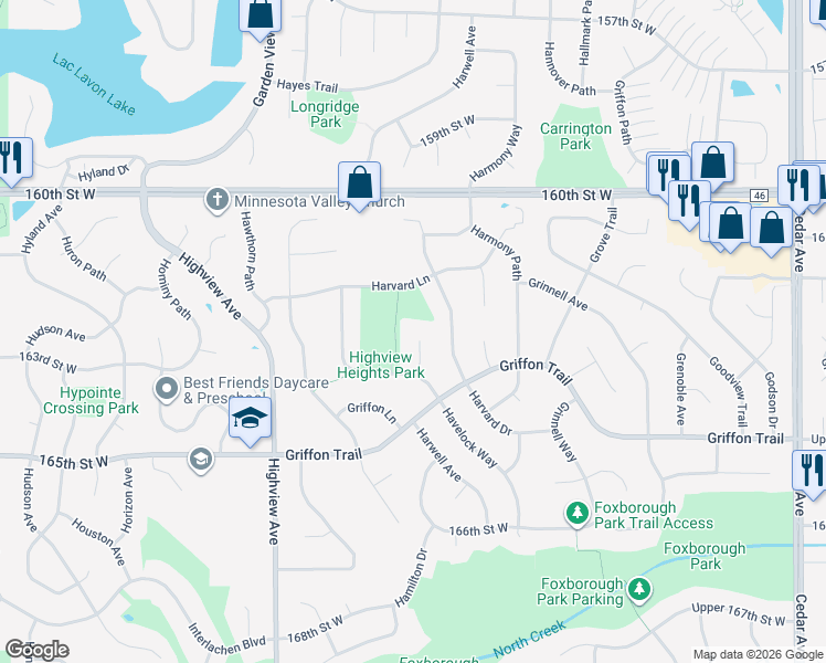 map of restaurants, bars, coffee shops, grocery stores, and more near 16261 Heath Court in Lakeville