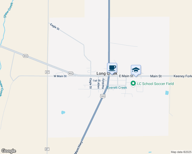 map of restaurants, bars, coffee shops, grocery stores, and more near 320 East Main Street in Long Creek
