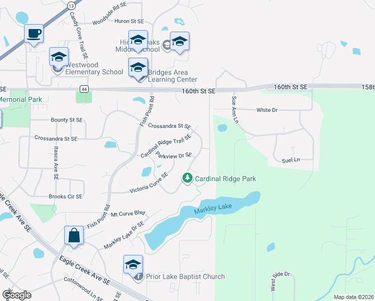 map of restaurants, bars, coffee shops, grocery stores, and more near 16295 Parkview Drive Southeast in Prior Lake