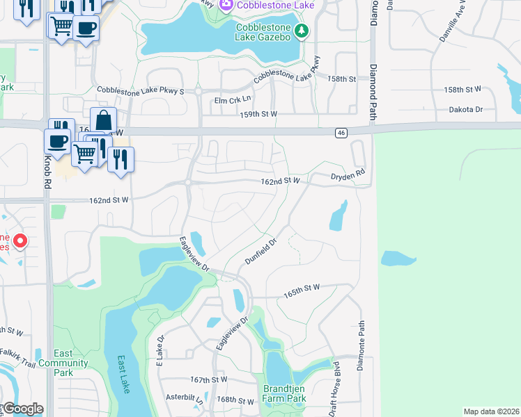 map of restaurants, bars, coffee shops, grocery stores, and more near 16253 Durango Trail in Lakeville