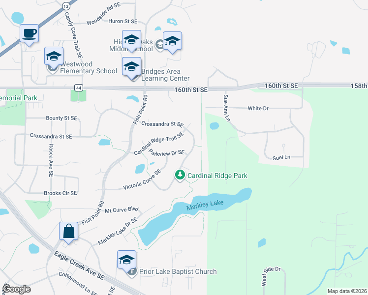 map of restaurants, bars, coffee shops, grocery stores, and more near 16295 Parkview Drive Southeast in Prior Lake
