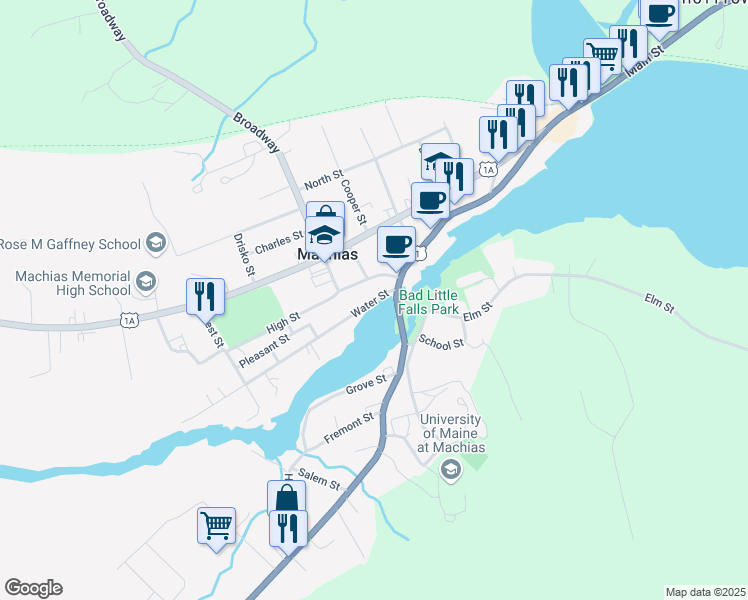 map of restaurants, bars, coffee shops, grocery stores, and more near 9 Water Street in Machias