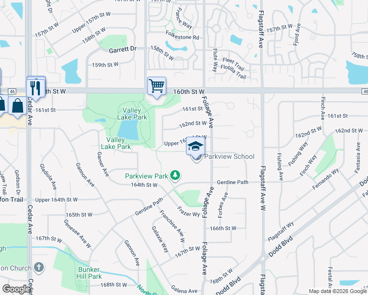 map of restaurants, bars, coffee shops, grocery stores, and more near 6818 Upper 162nd Street West in Rosemount