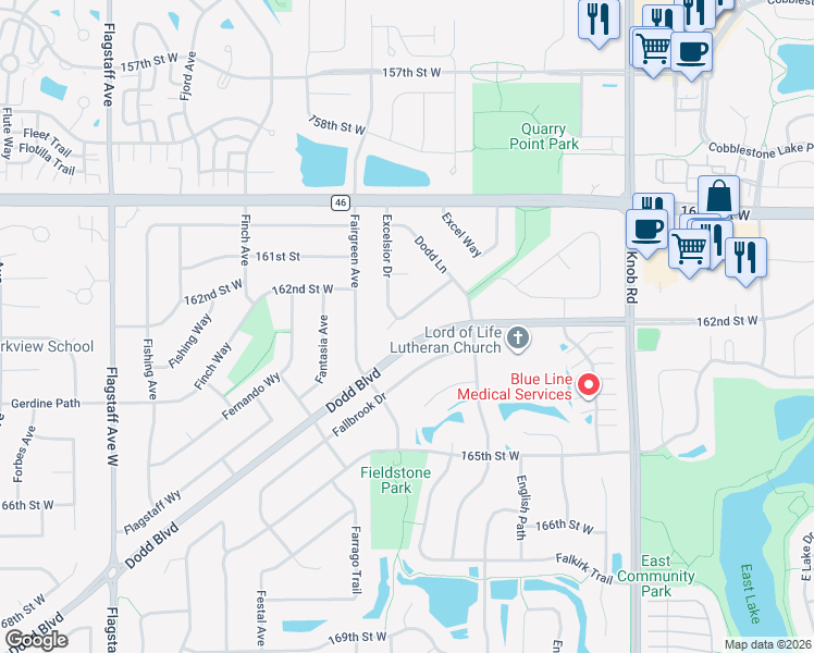 map of restaurants, bars, coffee shops, grocery stores, and more near 16231 Excelsior Drive in Rosemount