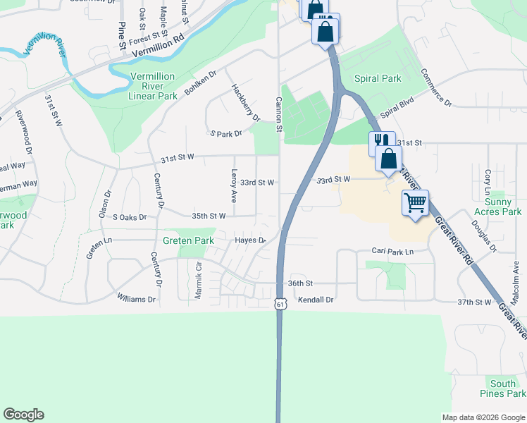 map of restaurants, bars, coffee shops, grocery stores, and more near 535 35th Street West in Hastings