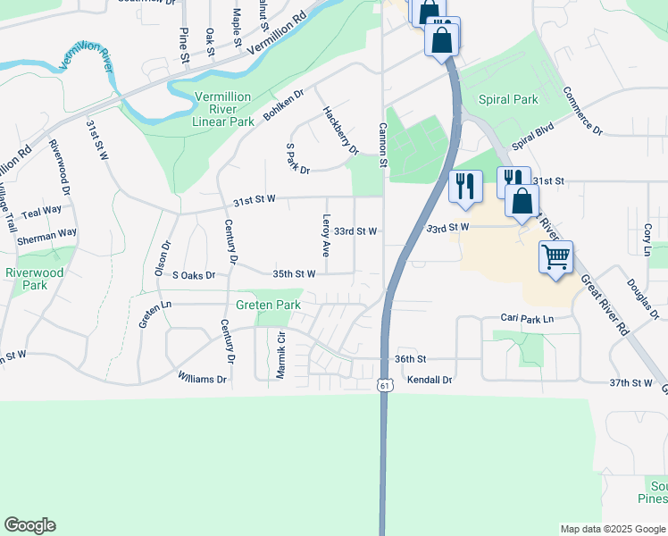 map of restaurants, bars, coffee shops, grocery stores, and more near 589 35th Street West in Hastings