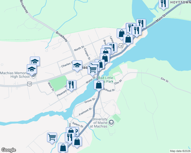 map of restaurants, bars, coffee shops, grocery stores, and more near 3 Water Street in Machias