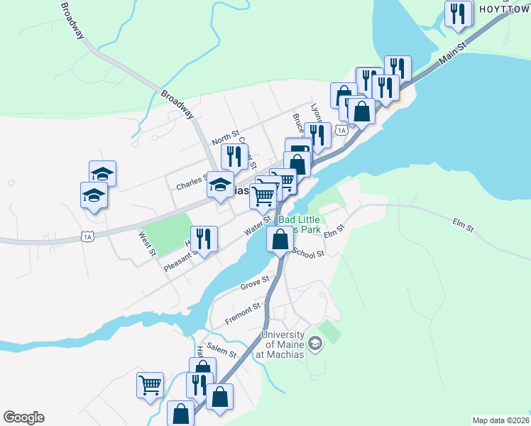 map of restaurants, bars, coffee shops, grocery stores, and more near 9 Water Street in Machias