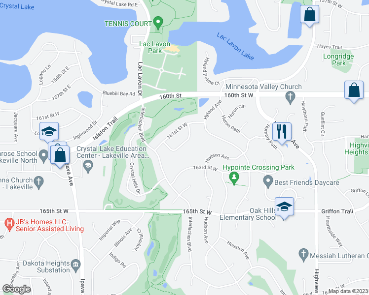 map of restaurants, bars, coffee shops, grocery stores, and more near 16126 Inverness Way in Lakeville