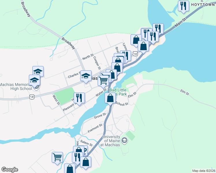 map of restaurants, bars, coffee shops, grocery stores, and more near 3 Water Street in Machias