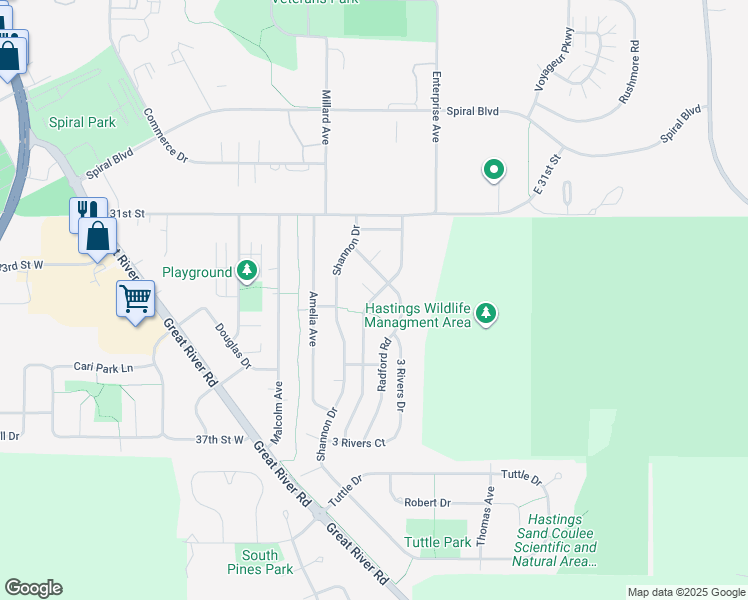 map of restaurants, bars, coffee shops, grocery stores, and more near 76 Meggan Drive in Hastings