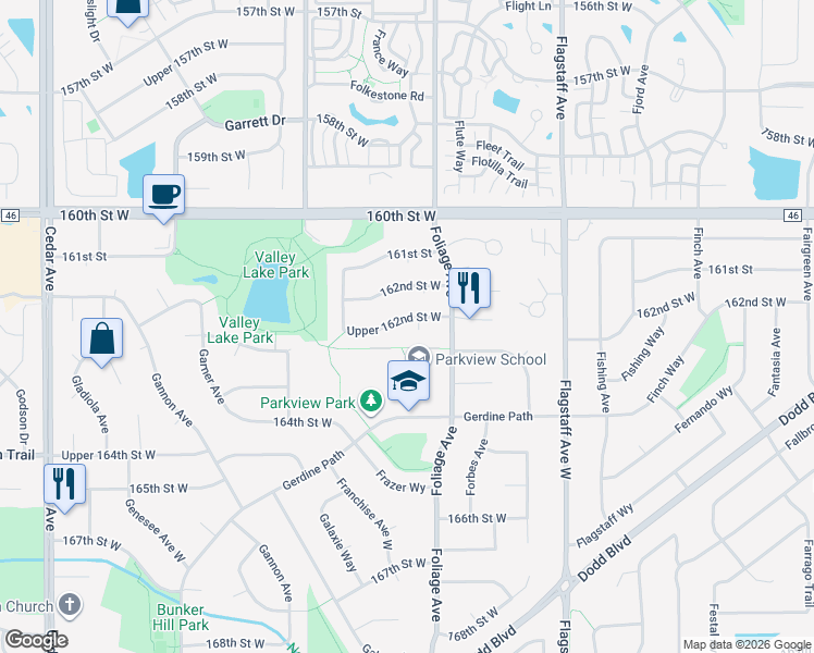 map of restaurants, bars, coffee shops, grocery stores, and more near 6818 Upper 162nd Street West in Rosemount