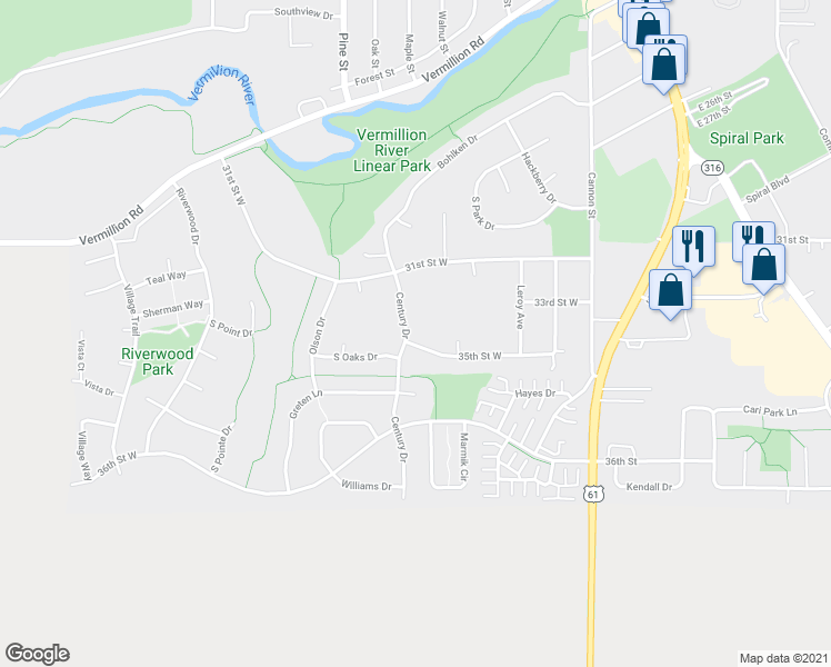 map of restaurants, bars, coffee shops, grocery stores, and more near 3489 Century Drive in Hastings