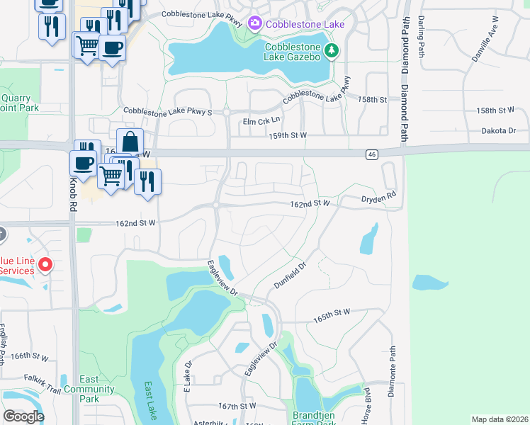 map of restaurants, bars, coffee shops, grocery stores, and more near 4917 162nd Street West in Lakeville