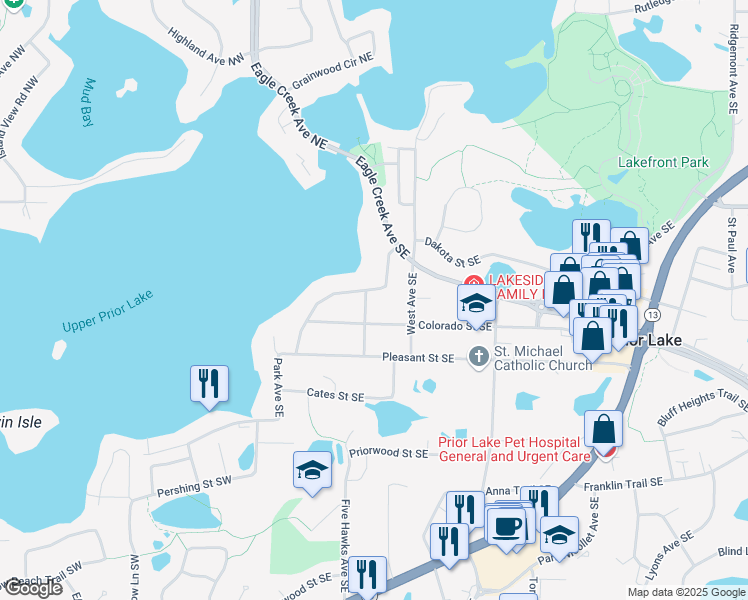 map of restaurants, bars, coffee shops, grocery stores, and more near 16152 Lakeside Avenue Southeast in Prior Lake