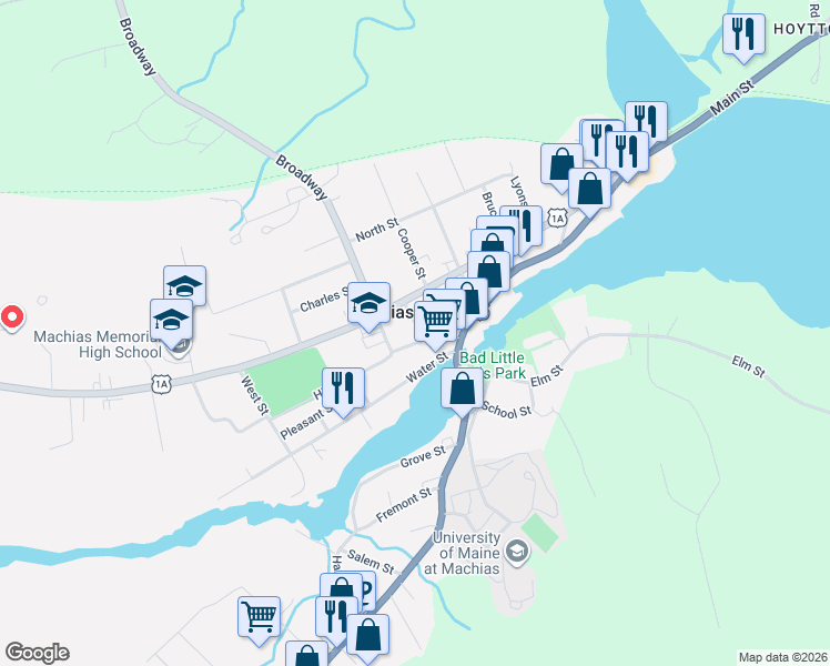 map of restaurants, bars, coffee shops, grocery stores, and more near 11 Free Street in Machias