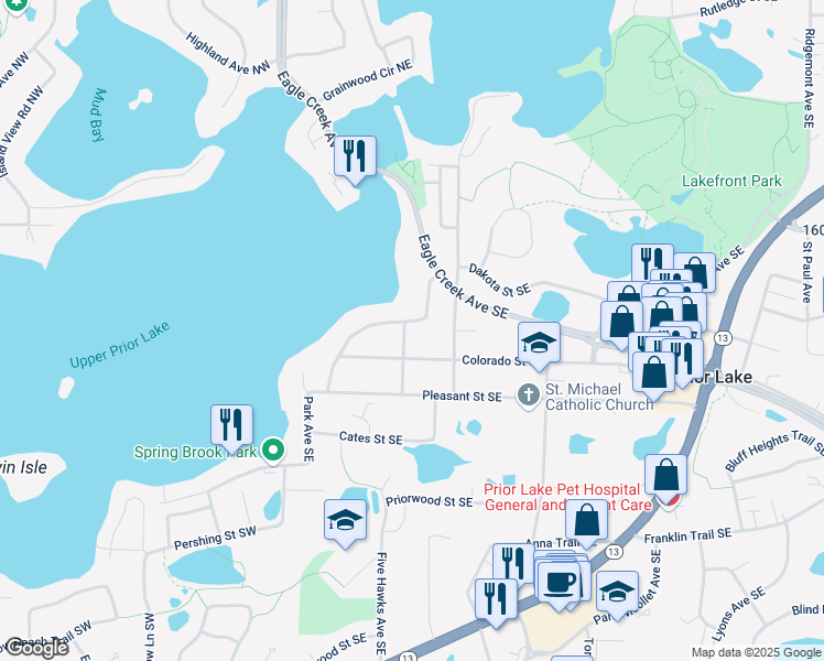 map of restaurants, bars, coffee shops, grocery stores, and more near 16211 Birch Avenue Southeast in Prior Lake