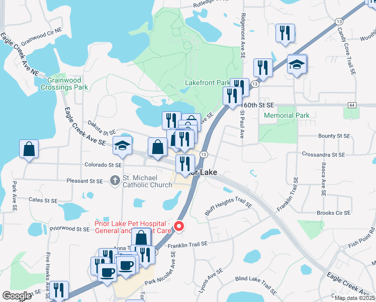 map of restaurants, bars, coffee shops, grocery stores, and more near 4810 Dakota Street Southeast in Prior Lake
