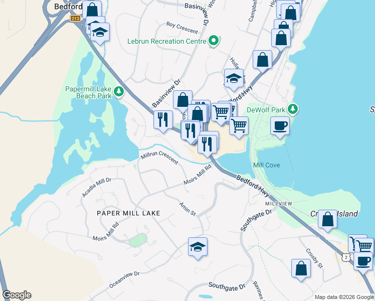 map of restaurants, bars, coffee shops, grocery stores, and more near 936 Bedford Highway in Bedford