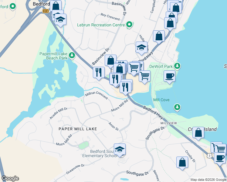 map of restaurants, bars, coffee shops, grocery stores, and more near 936 Bedford Highway in Bedford