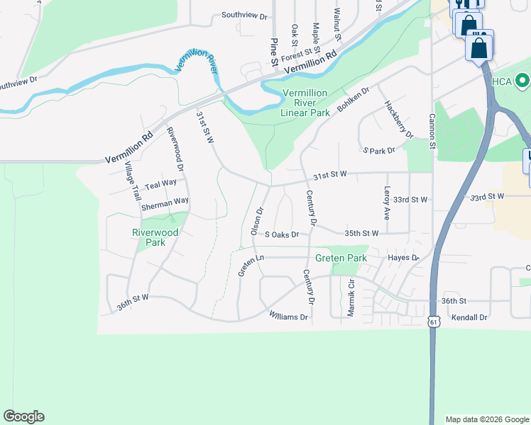 map of restaurants, bars, coffee shops, grocery stores, and more near 3176 Olson Drive in Hastings