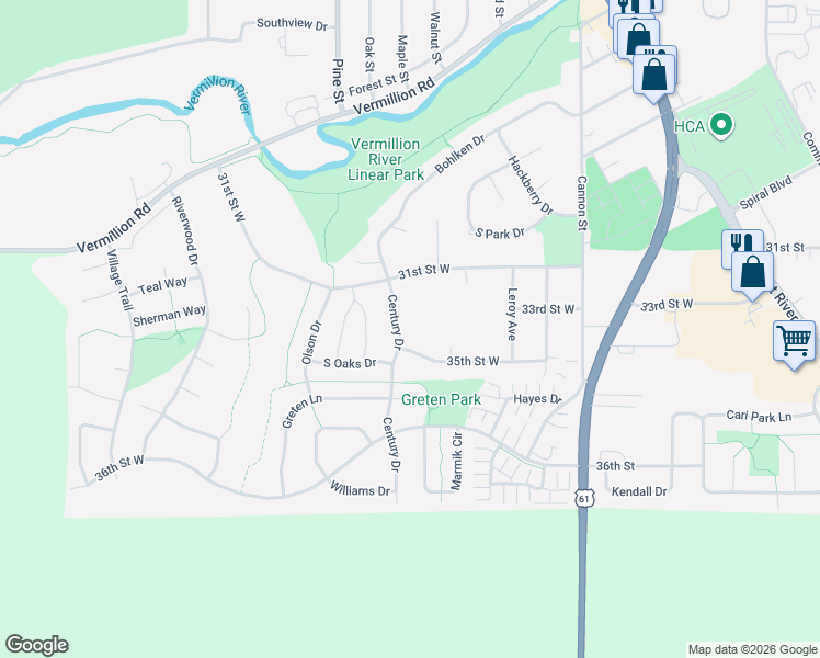 map of restaurants, bars, coffee shops, grocery stores, and more near 3431 Century Drive in Hastings