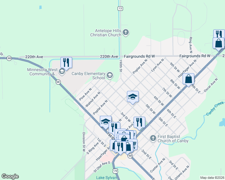 map of restaurants, bars, coffee shops, grocery stores, and more near 404 Poplar Avenue North in Canby