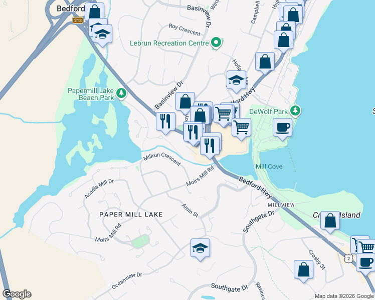 map of restaurants, bars, coffee shops, grocery stores, and more near 24 Hammonds Plains Road in Bedford