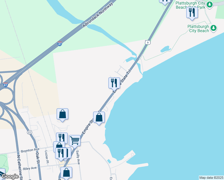 map of restaurants, bars, coffee shops, grocery stores, and more near in Plattsburgh