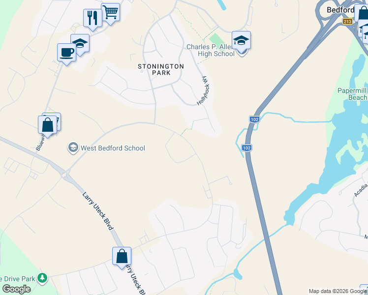 map of restaurants, bars, coffee shops, grocery stores, and more near 325 Broad Street in Bedford
