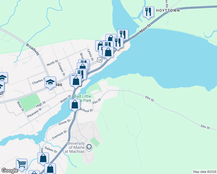 map of restaurants, bars, coffee shops, grocery stores, and more near 3 Elliot Street in Machias