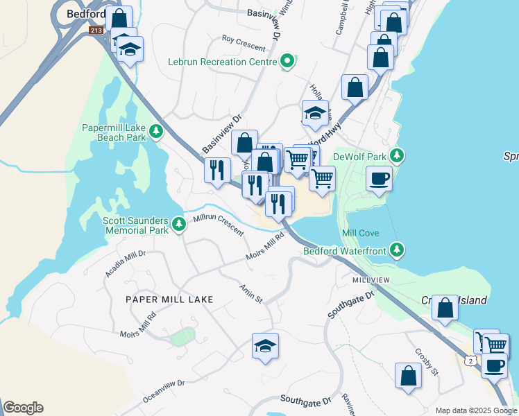 map of restaurants, bars, coffee shops, grocery stores, and more near 936 Bedford Highway in Halifax